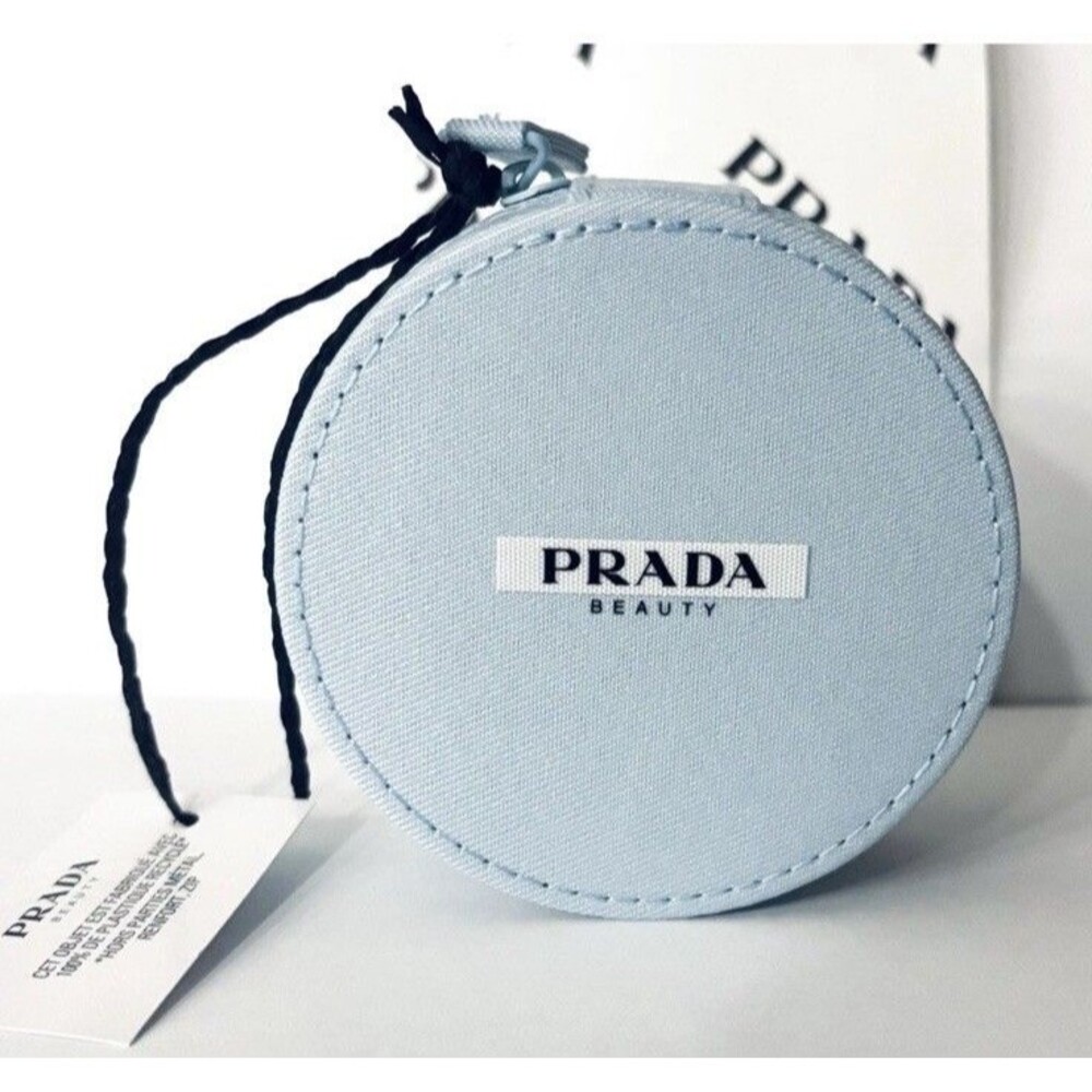 Prada Beauty Blue Round Pouch Appr. 3.4” X 1.5” Jewelry/ Cosmetic Zipper Bag